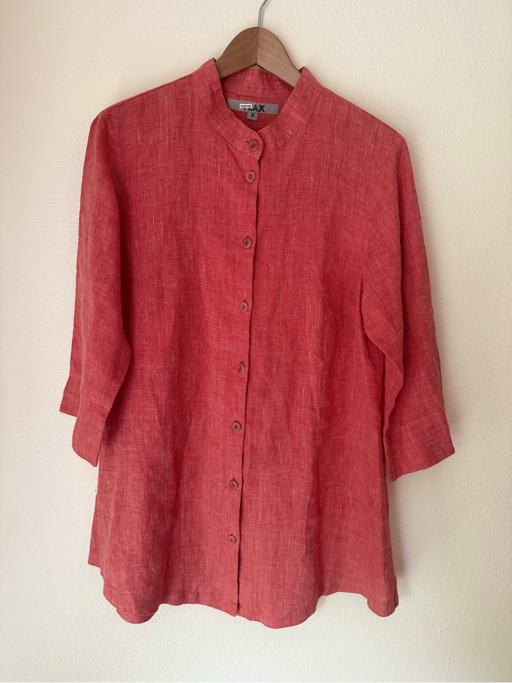 Flax Coral-Red Linen Band-Collar Button-Front Tunic
